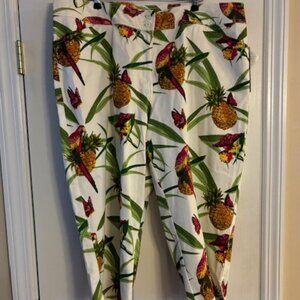 Bill Blass Women's NWT Sz 20W Stretch Tropical Pineapple Bird Parrot Capri Pants